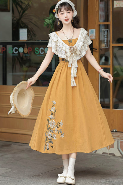 Ginger Yellow Suspender Dress and Lace Shawl Set