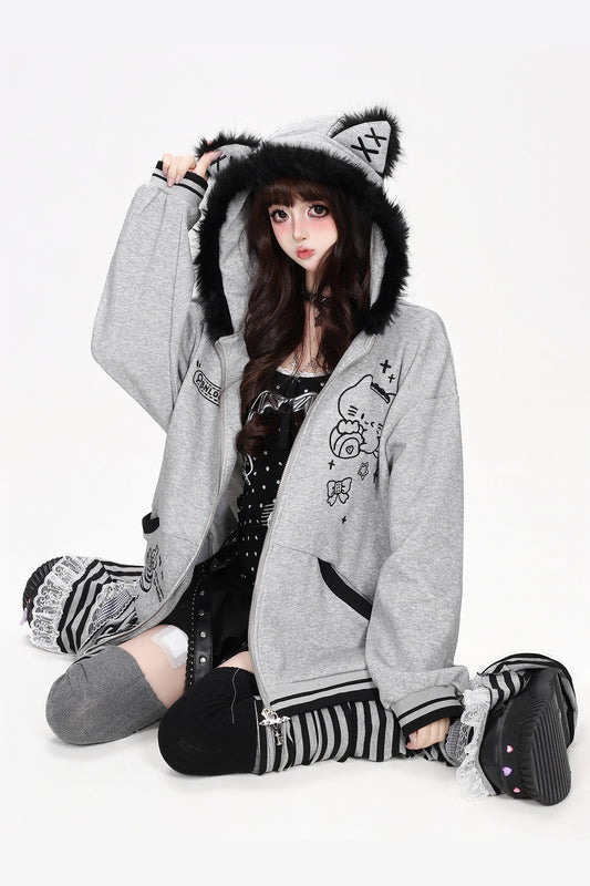 3D Cat Ear Plush Hooded Jacket