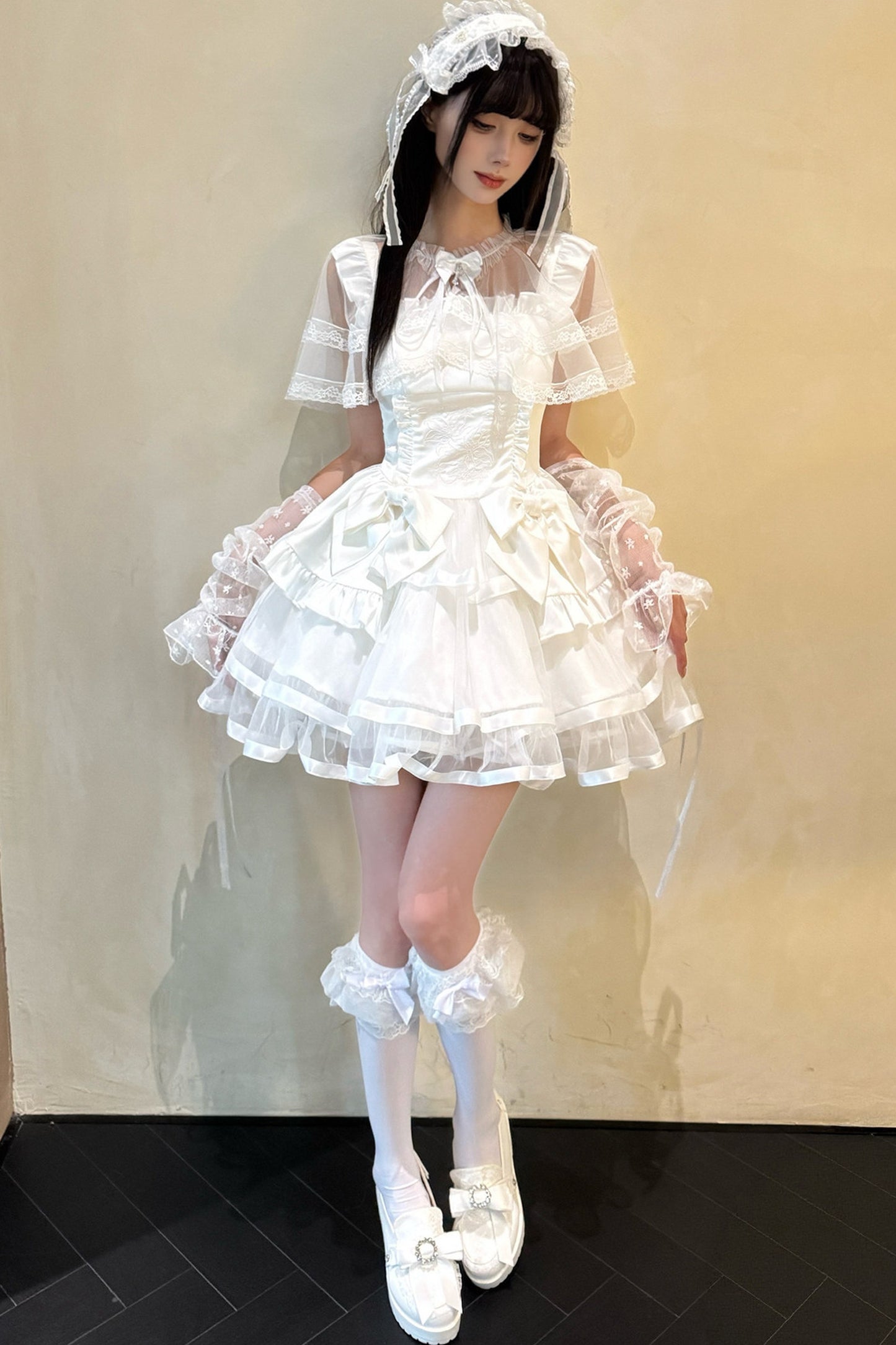 Detachable Shawl Satin Bow Cake Dress
