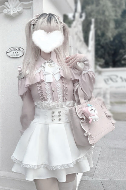 [Pre-order] Cold Shoulder Heart Buckle Long Sleeve Ruffle Lace Blouse with Bow Tie + Lace-Trim Pleated Mini Skirt Set