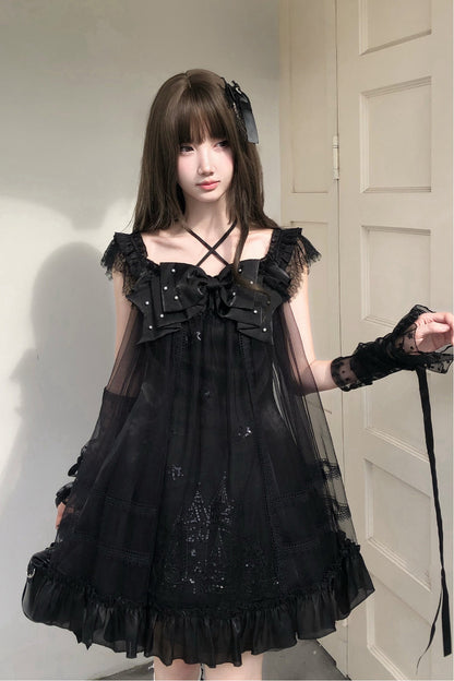 Vestido gótico con lazo de perlas y tirantes cruzados