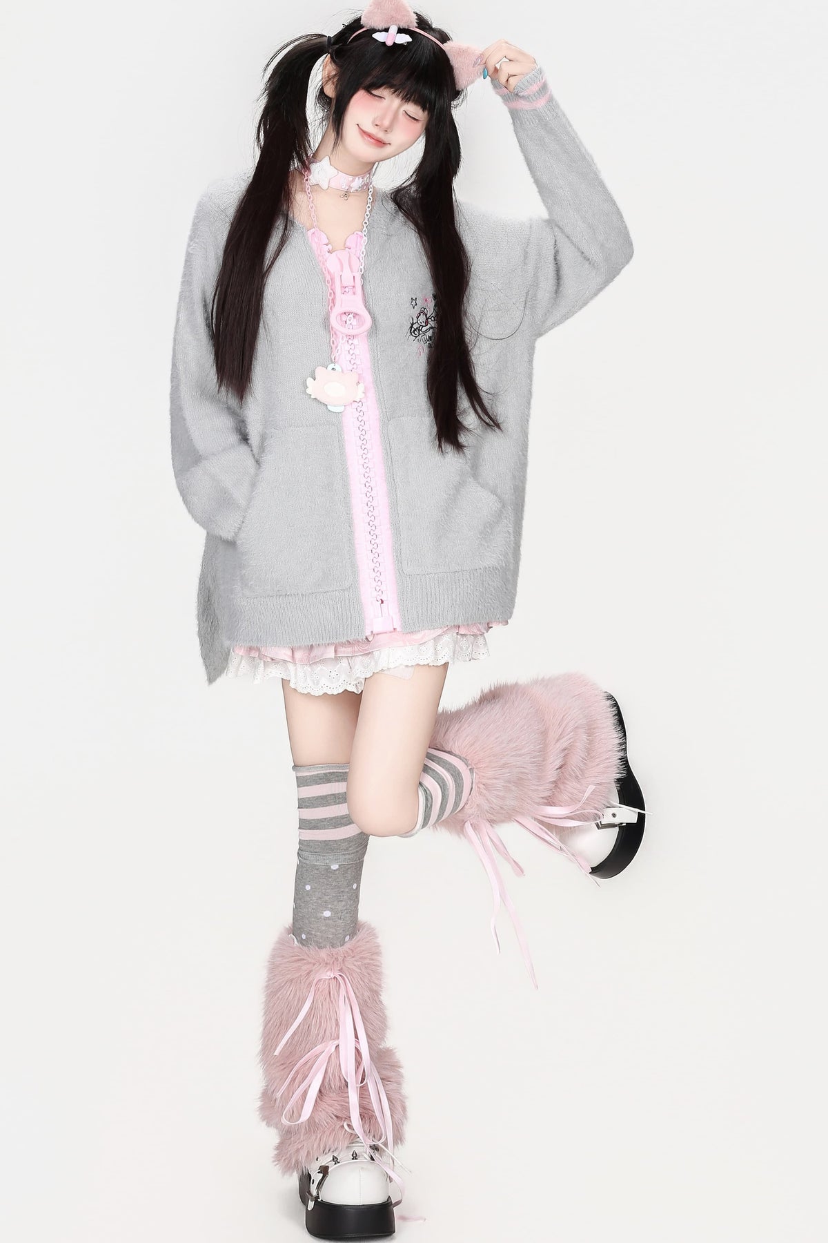 Mohair-Strickjacke mit Hasenohren