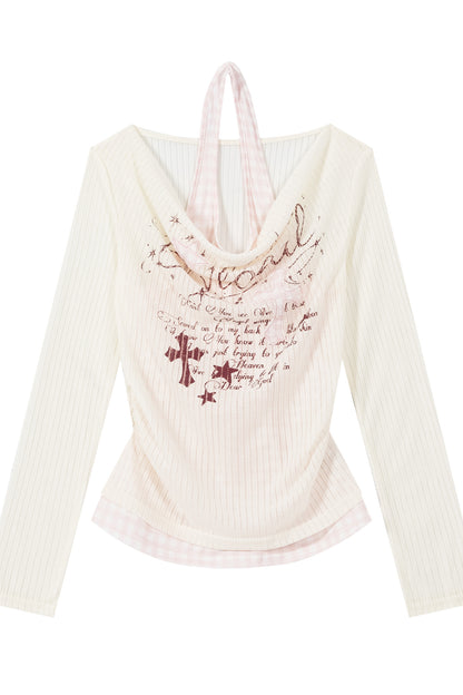 Plaid Letter Halter Long-Sleeve Cover-Up
