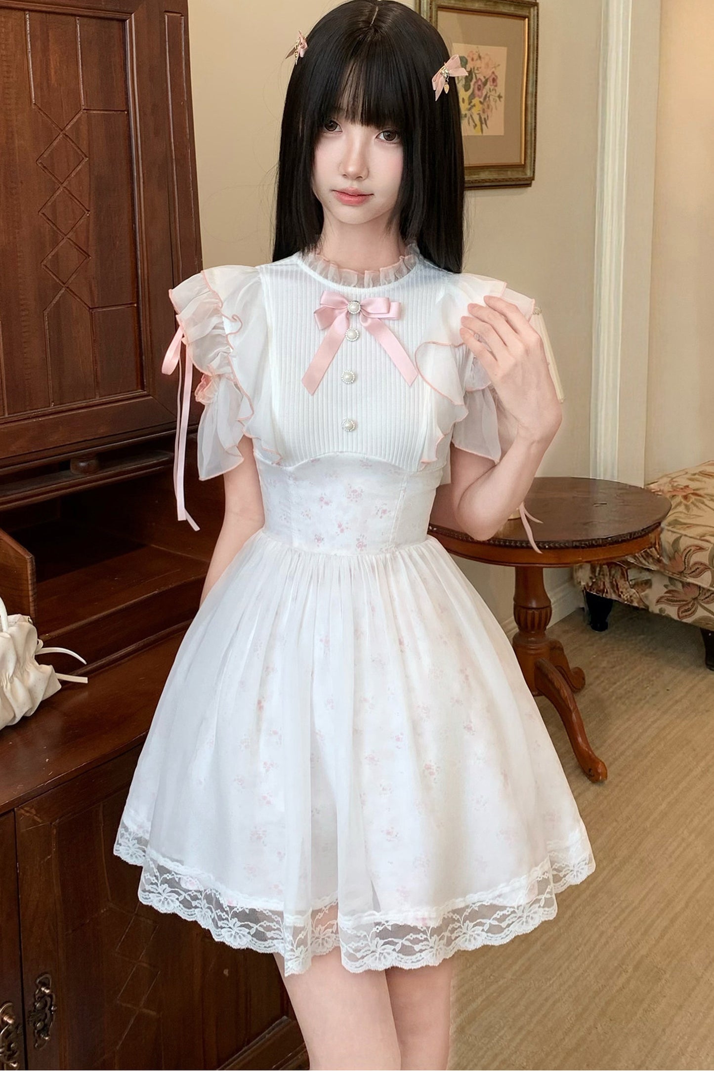 Three-Layer Waist Pearl Button Pink Bow Dress