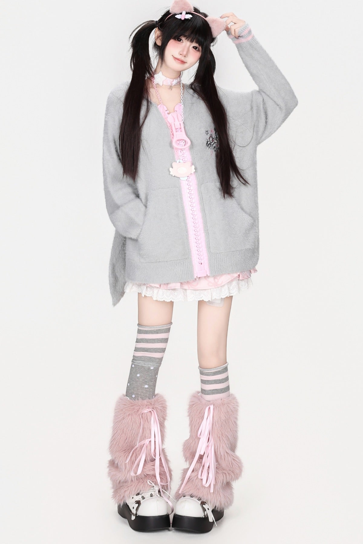 Mohair-Strickjacke mit Hasenohren