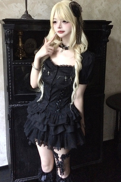Black Cross Lace Top and Ruffle Skirt Set