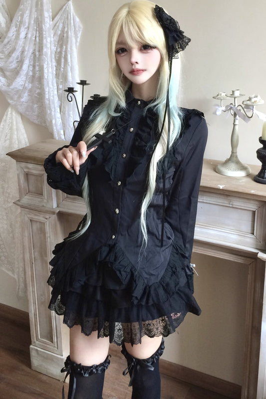 Gothic Black Lace Patchwork Bow Tie Shirt and Skirt Set-Up