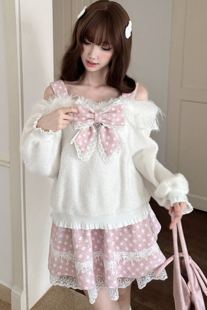 White Rabbit One-Shoulder Sweater Skirt Set