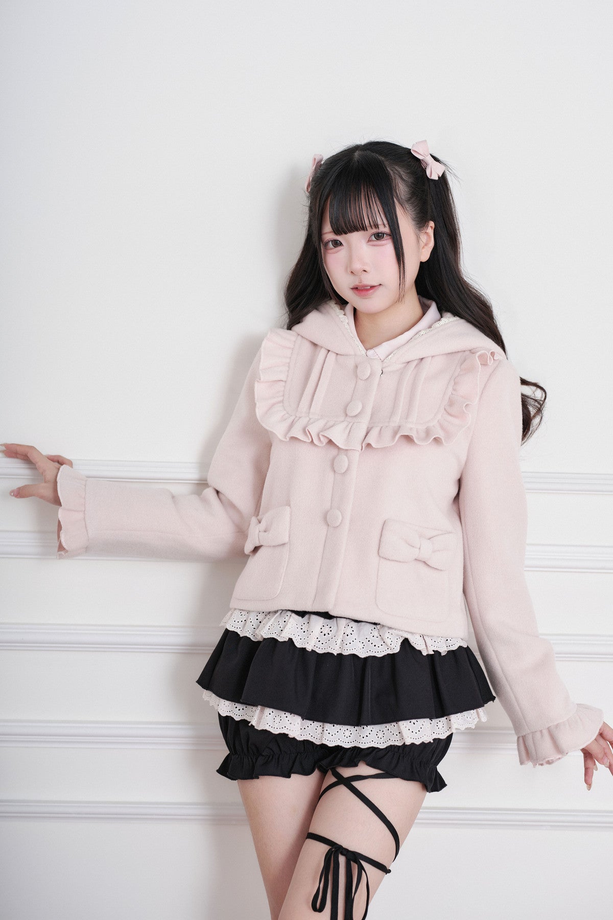 Ruffle Hooded Wool Jacket