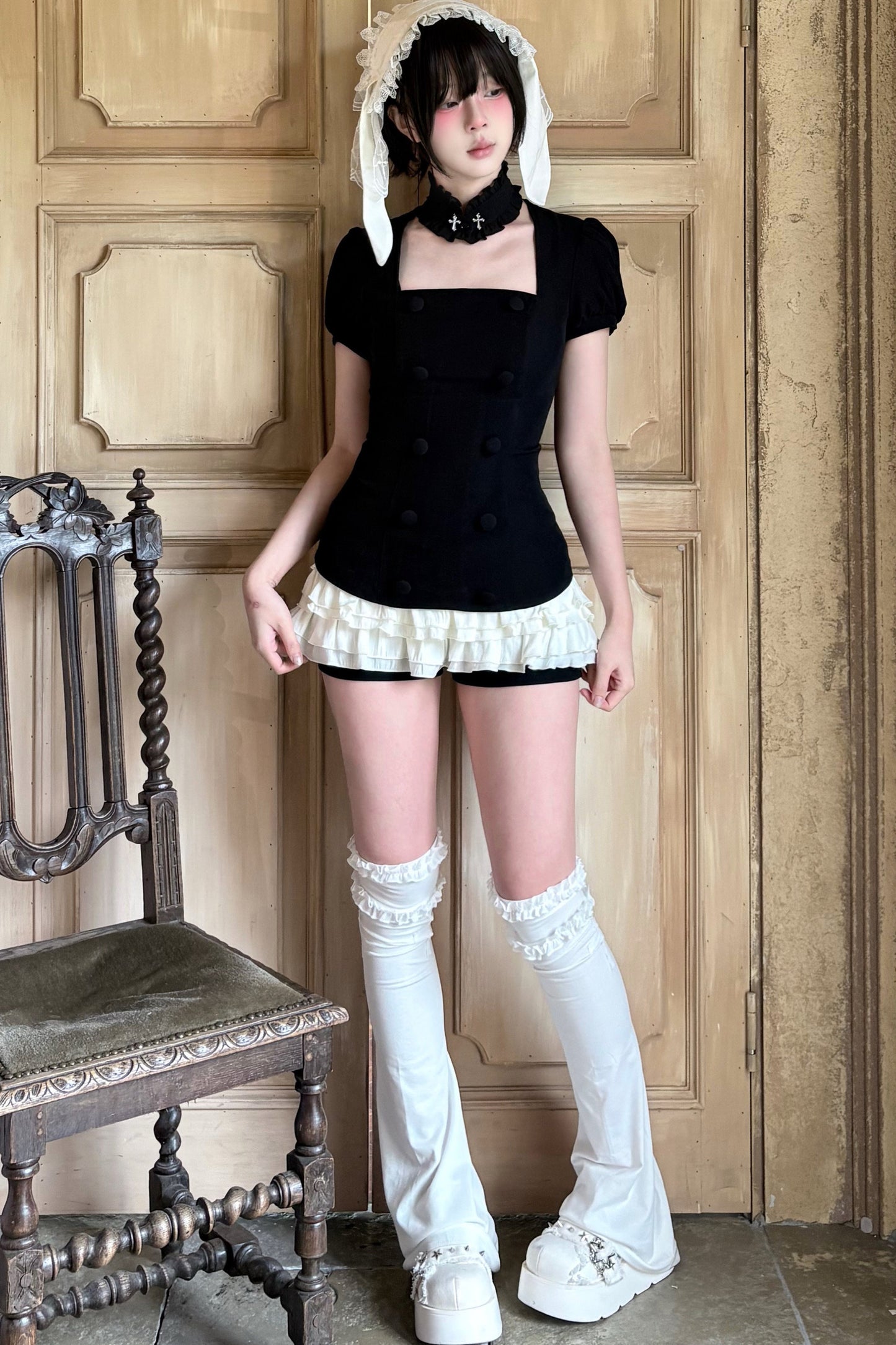 Soft Gothic Ruffle Puff-Sleeve Blazer Set-Up