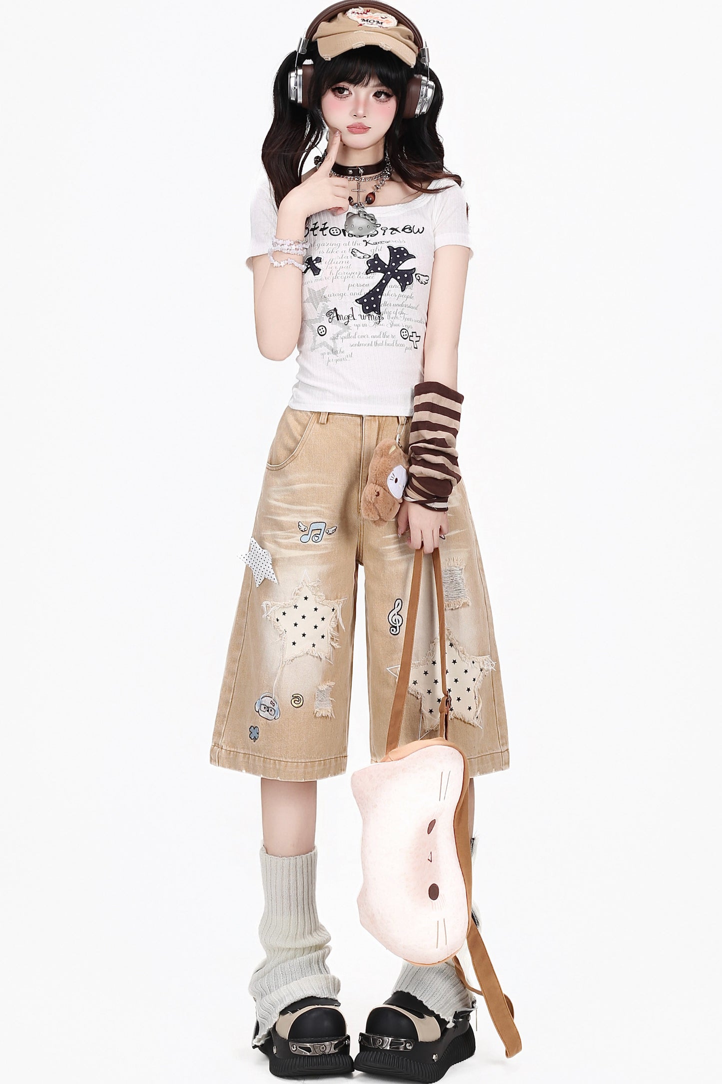 Dreamy-Cute Musical Note and Star Denim Shorts