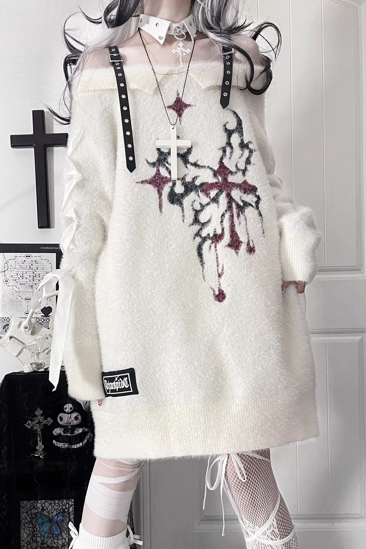 Leather Buckle Butterfly Print Off-Shoulder Sweater