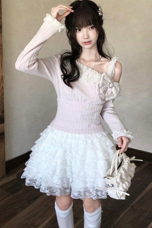 Pink Off-Shoulder Knit Top and Skirt Set
