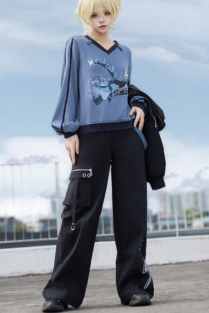 Schwarz-blaues Colorblock-Workwear-Jacken-Sweatshirt und weite Hose im Set