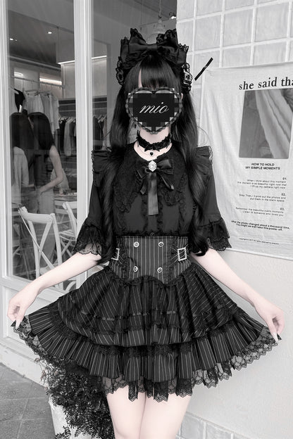 Cherry Short-Sleeved Lace Collar Shirt and Skirt Set-Up