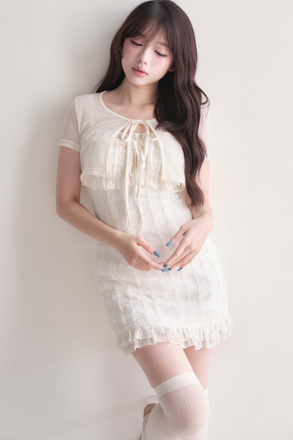 Elegant Ribbon Cardigan & Lace Dress Set