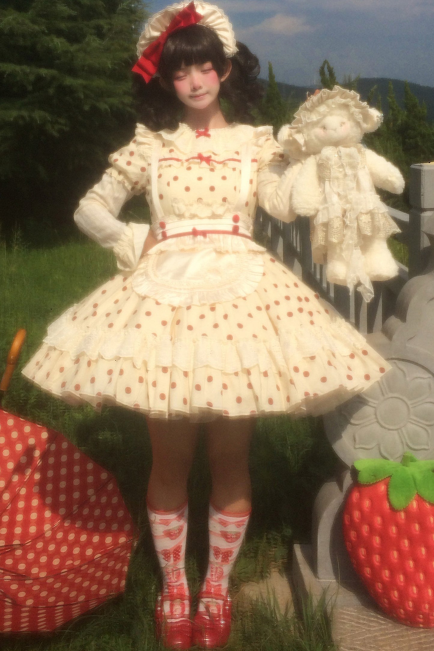 Cotton Polka Dot Print OP Dress Set-Up