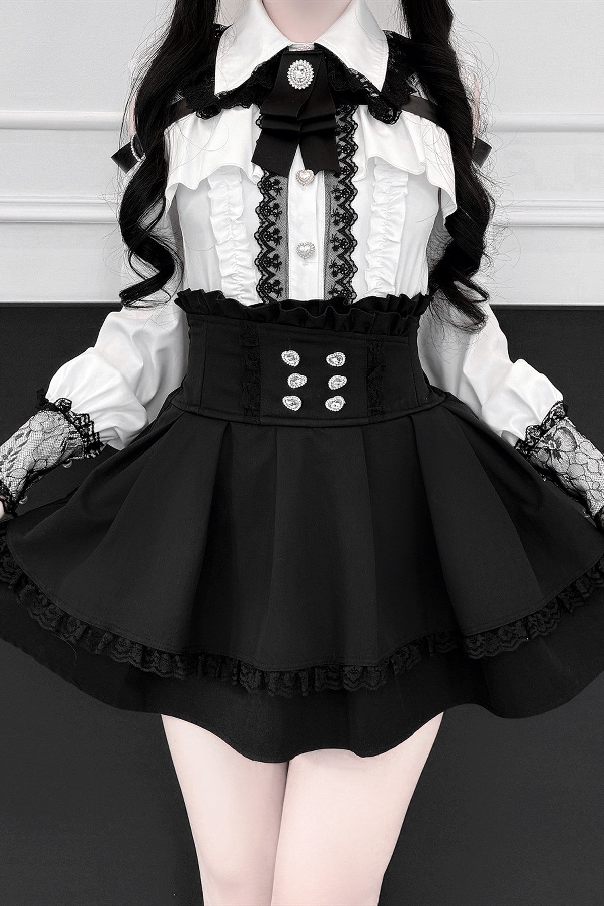 [Pre-order] Cold Shoulder Heart Buckle Long Sleeve Ruffle Lace Blouse with Bow Tie + Lace-Trim Pleated Mini Skirt Set