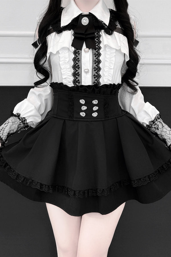 [Pre-order] Cold Shoulder Heart Buckle Long Sleeve Ruffle Lace Blouse with Bow Tie + Lace-Trim Pleated Mini Skirt Set