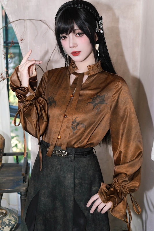 New Chinese Style Mandala Print Lace-Up Blouse