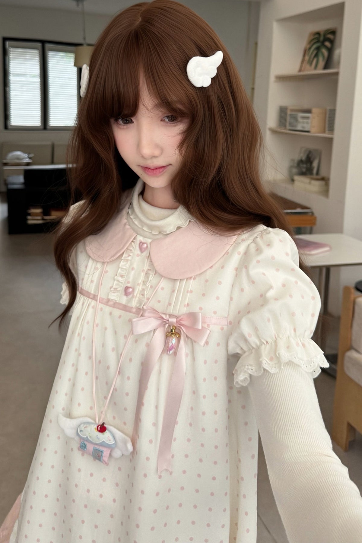 Polka Dot Doll Collar Puff Sleeve Dress