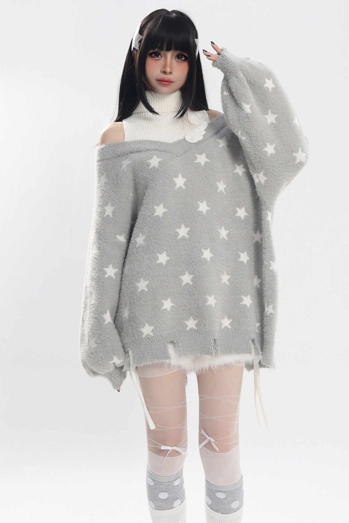 Star Off-Shoulder Layered-Look Sweater
