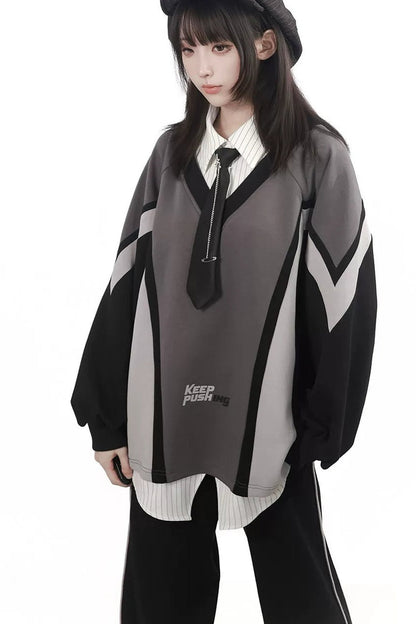 Black Gray Color Block Chain Tie Sweatshirt And Pants Set-Up