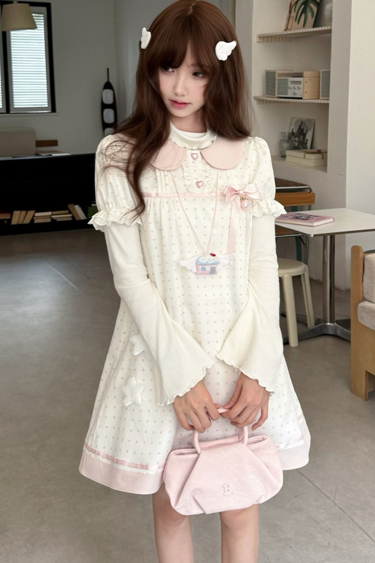 Polka Dot Doll Collar Puff Sleeve Dress
