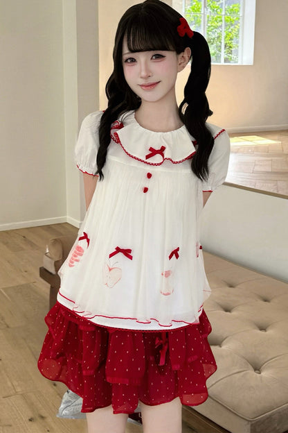 Loose Colorblock Apple Print Babydoll Top and Skirt Set-Up