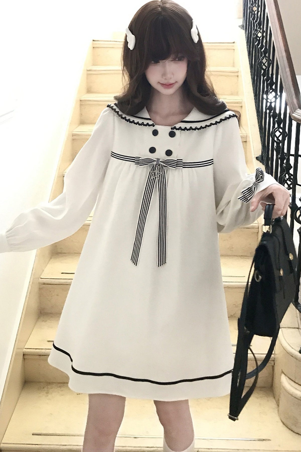 Navy Collar Long Sleeve A-Line Dress