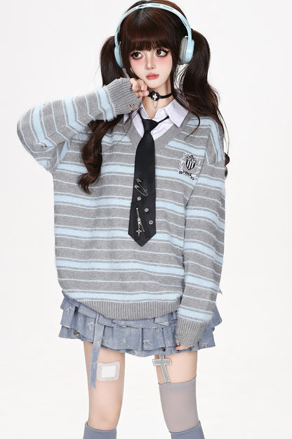 Striped V-Neck Pullover Sweater