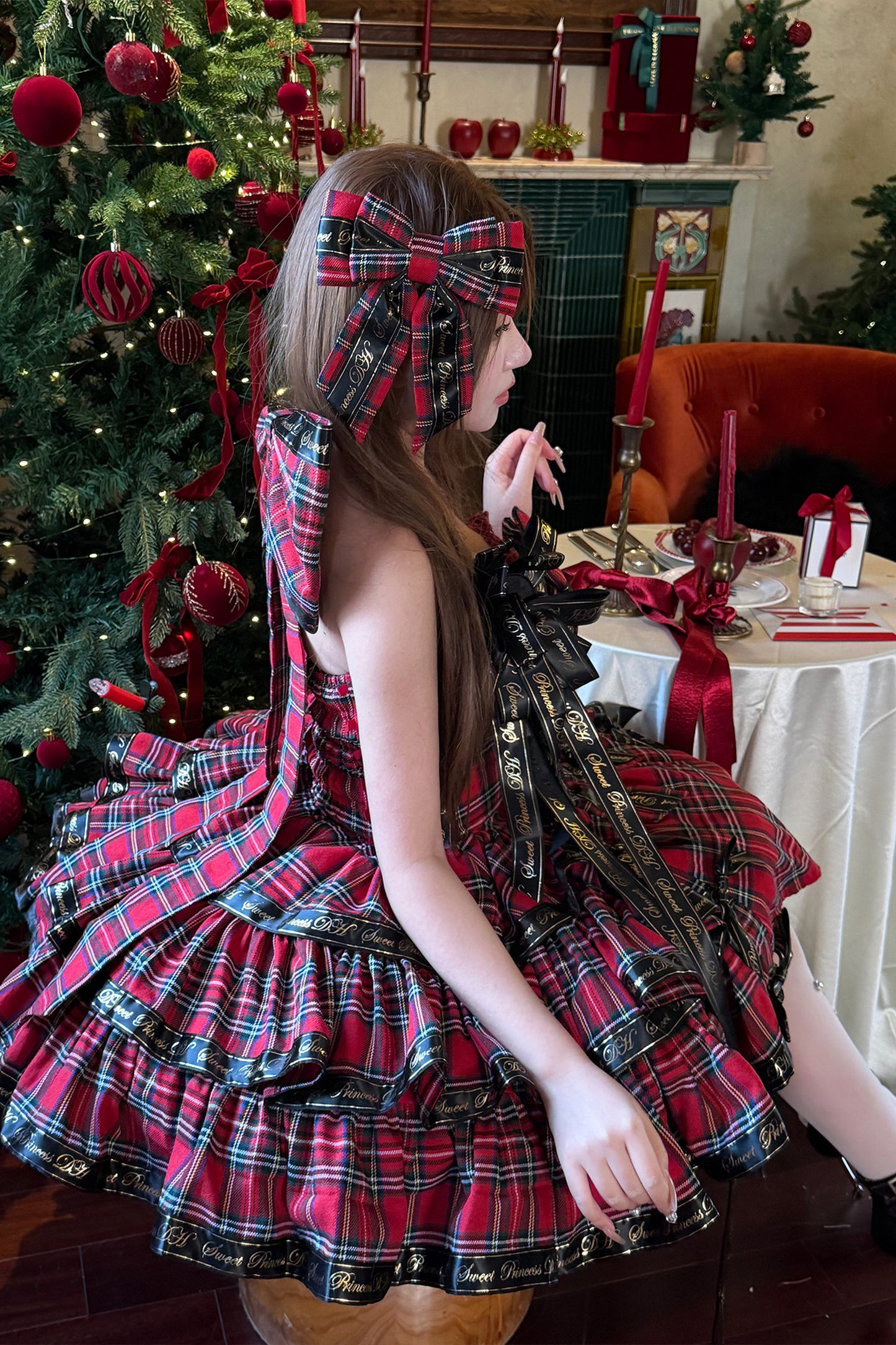 Abito lolita da ballerina a quadri con fiocco