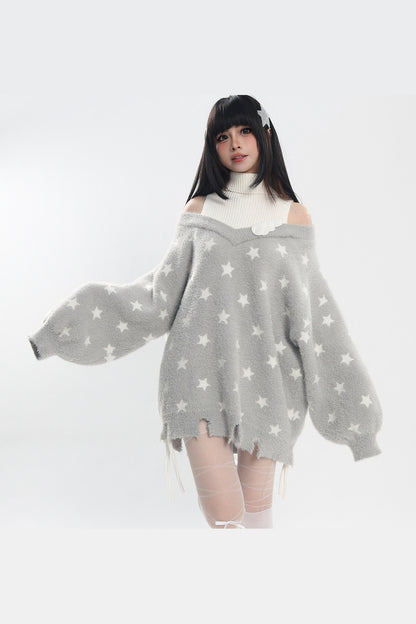 Star Off-Shoulder Layered-Look Sweater