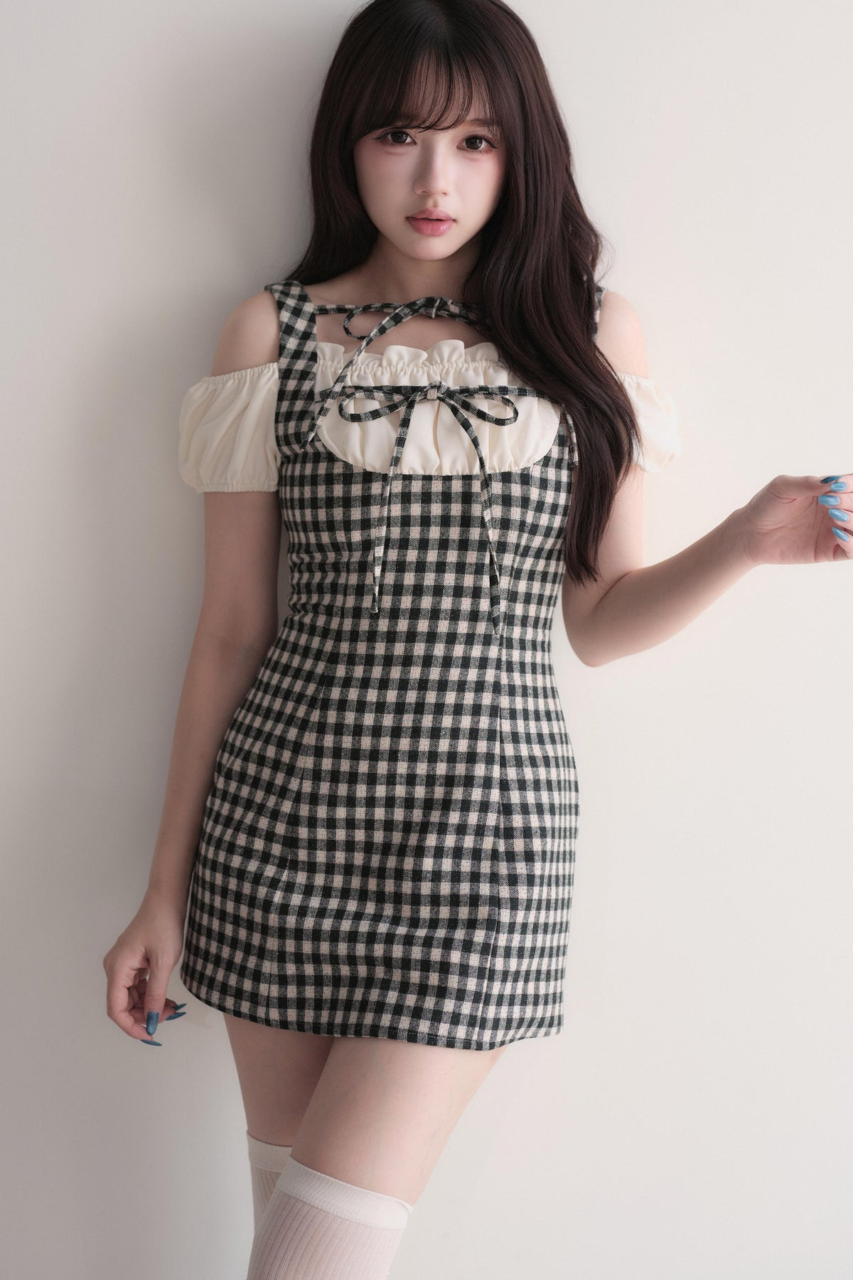 Small Checkered Off-Shoulder Tie Dress