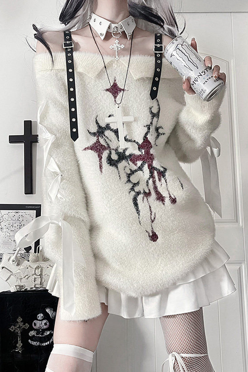 Leather Buckle Butterfly Print Off-Shoulder Sweater