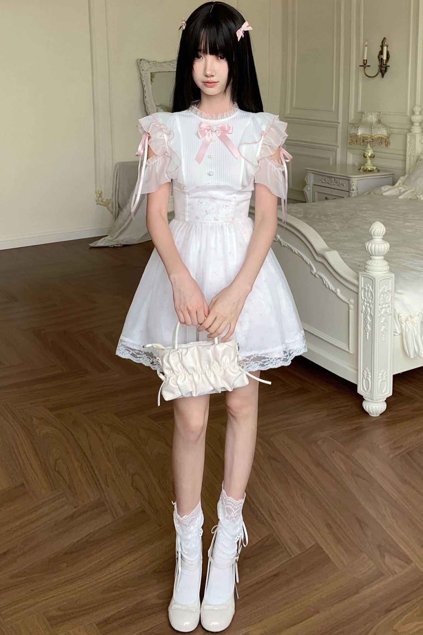 Three-Layer Waist Pearl Button Pink Bow Dress