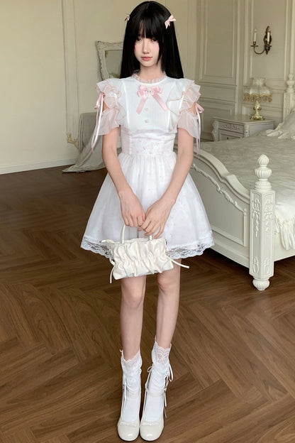 Three-Layer Waist Pearl Button Pink Bow Dress