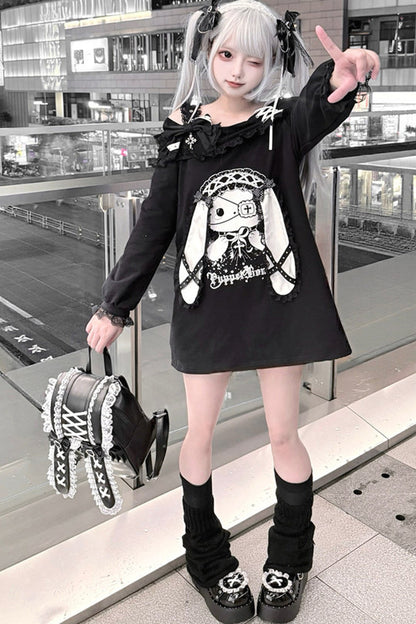 토끼 비대칭 긴소매 상의와 스커트 세트