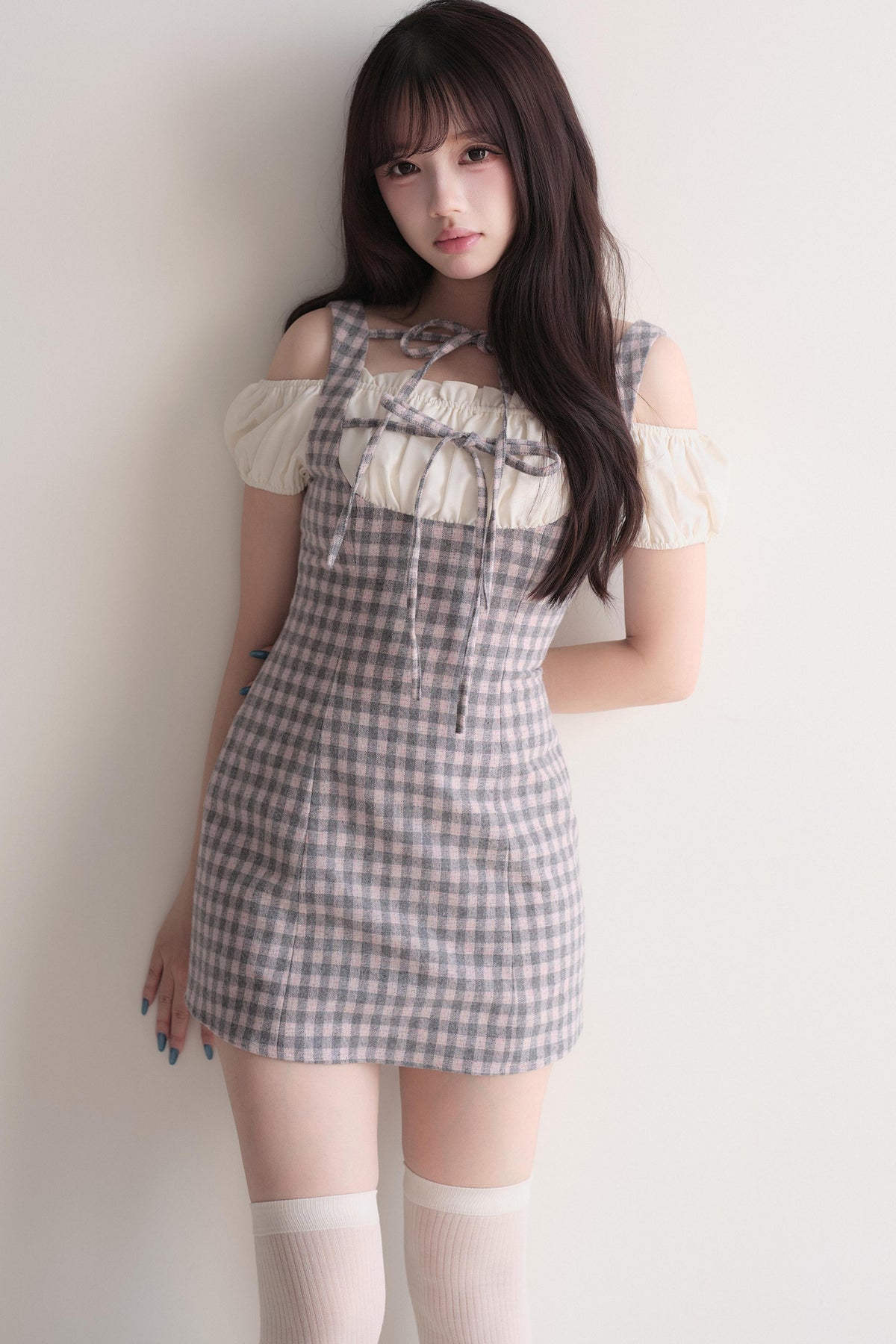Small Checkered Off-Shoulder Tie Dress