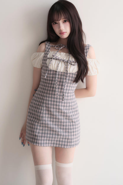 Small Checkered Off-Shoulder Tie Dress