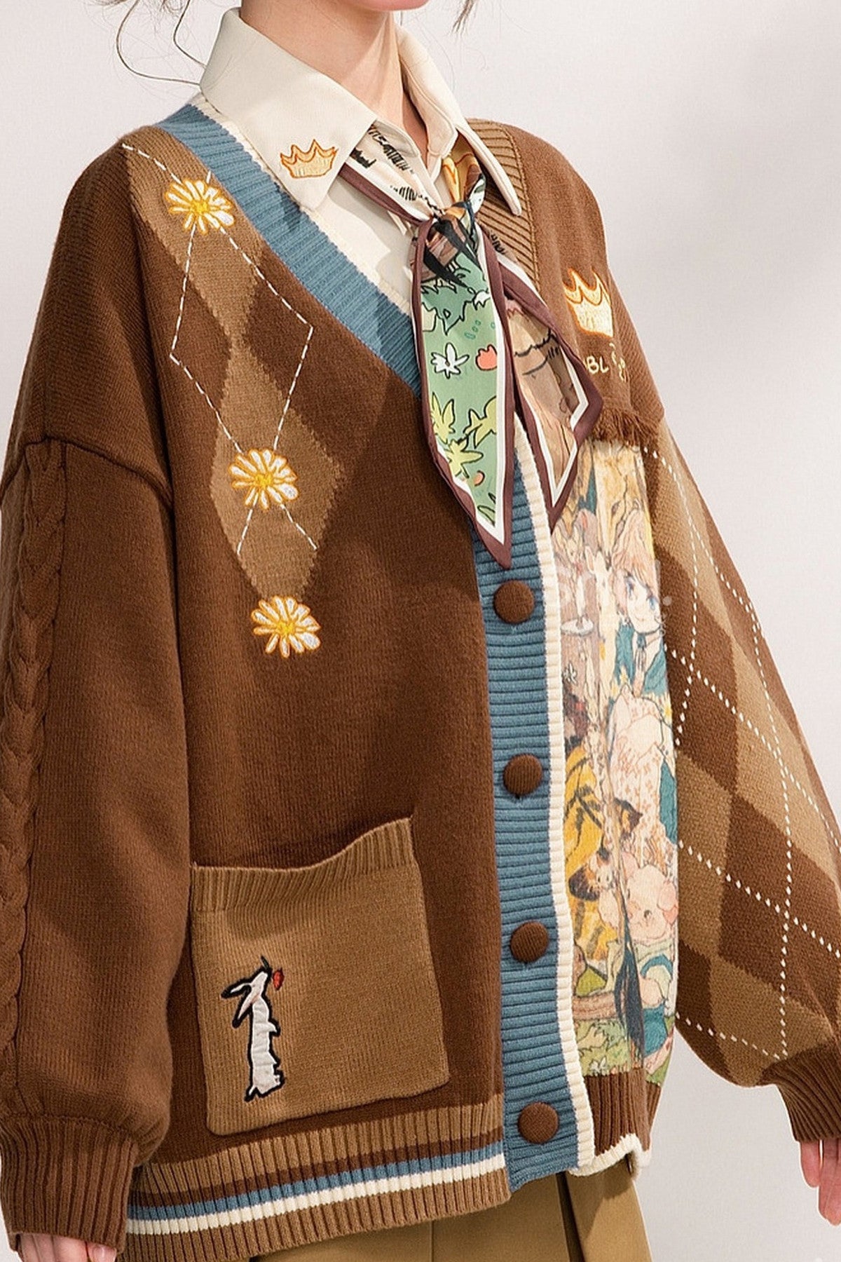 Vintage Oil Painting Knit Cardigan And Skirt