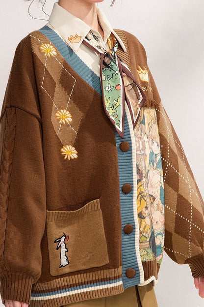 Vintage Oil Painting Knit Cardigan And Skirt