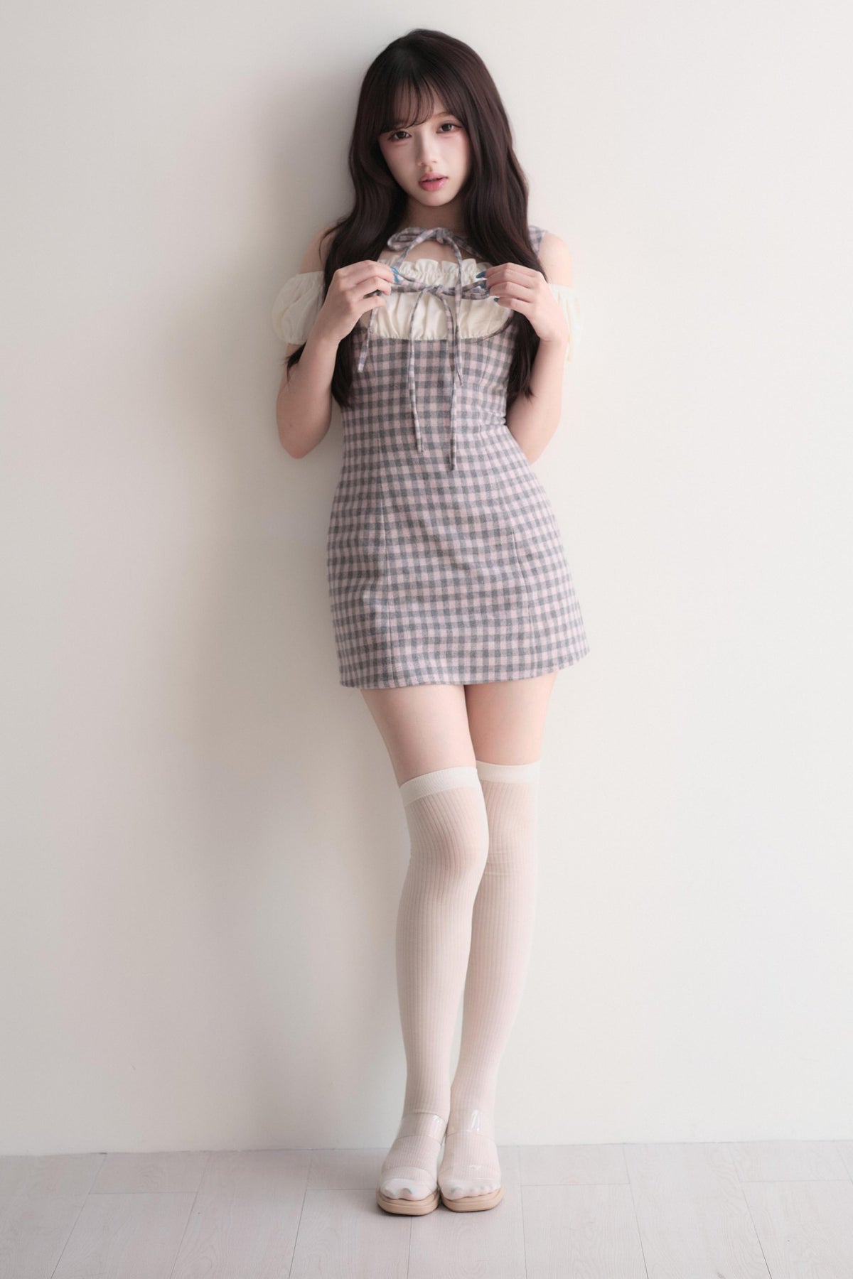 Small Checkered Off-Shoulder Tie Dress