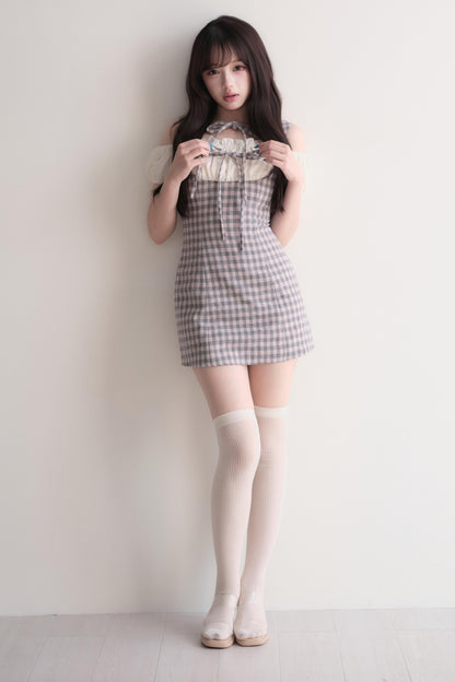 Small Checkered Off-Shoulder Tie Dress