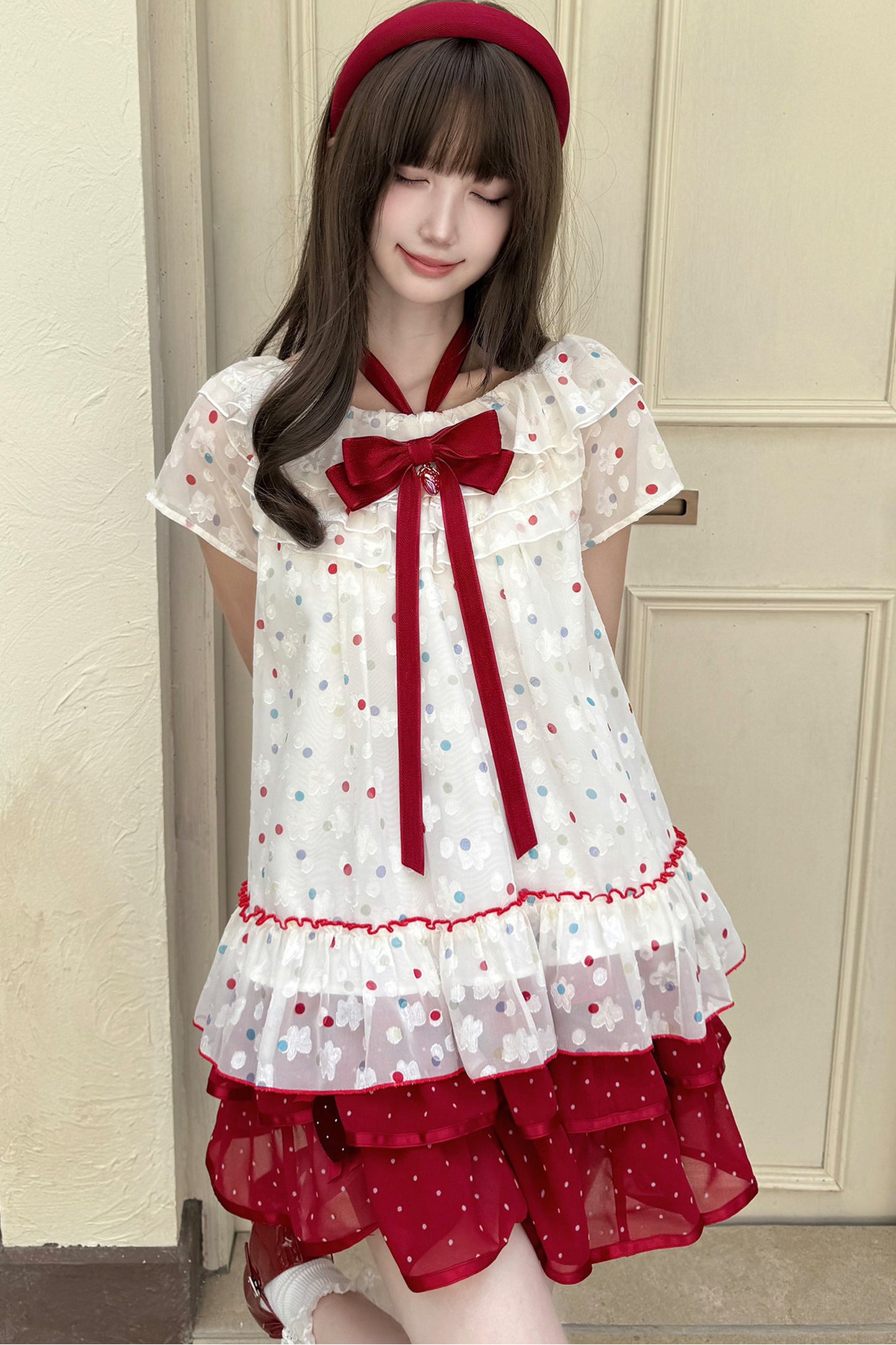Berry Rococo Polka Dot Floral Short Top and Skirt Set-Up