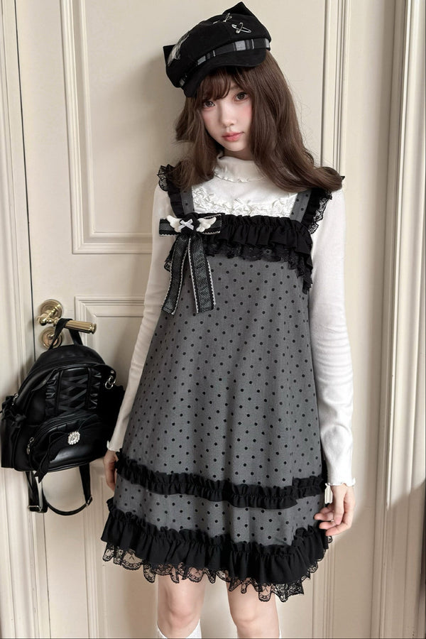 Black Grey Polka Dot Suspender Dress Set-Up