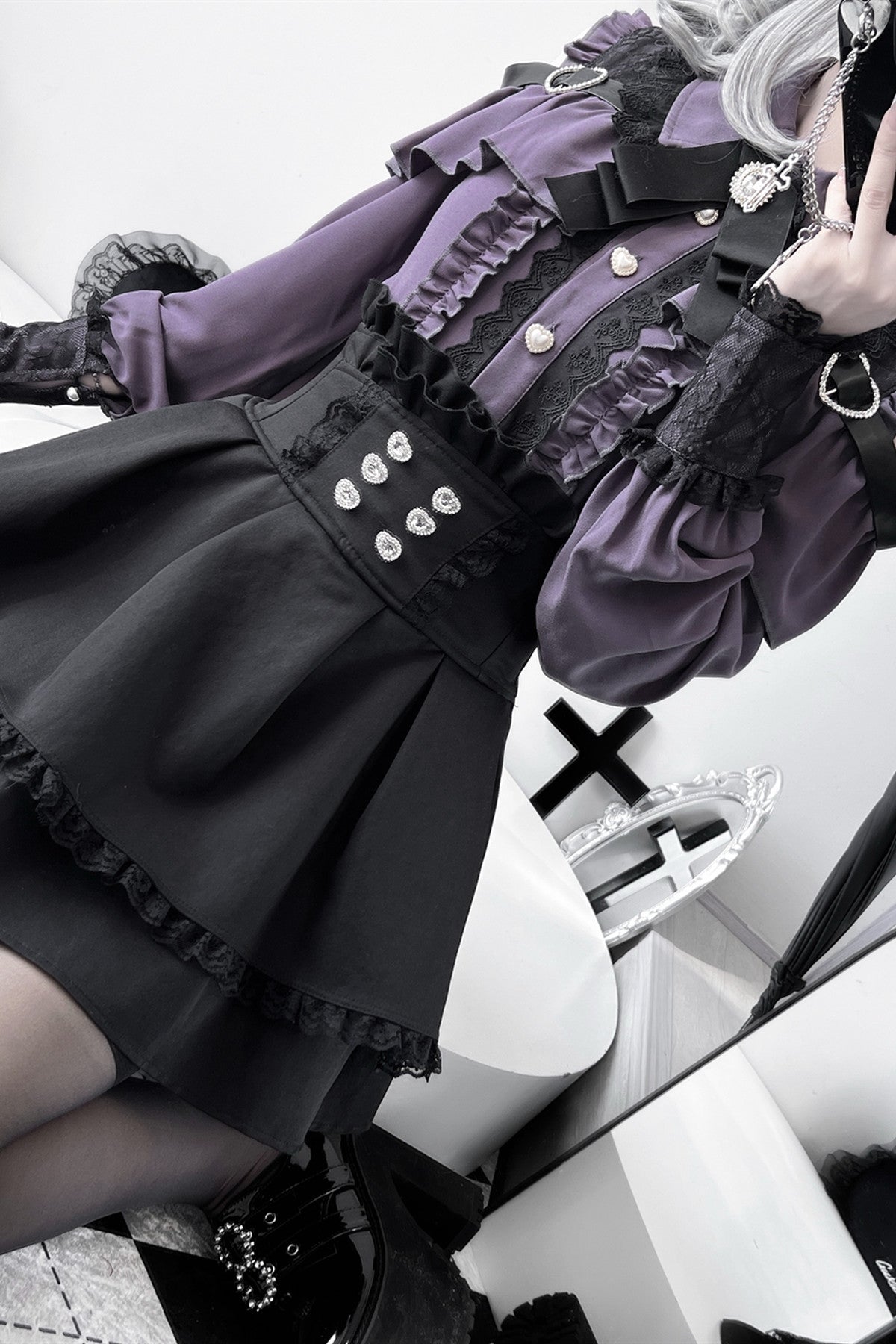 [Pre-order] Cold Shoulder Heart Buckle Long Sleeve Ruffle Lace Blouse with Bow Tie + Lace-Trim Pleated Mini Skirt Set