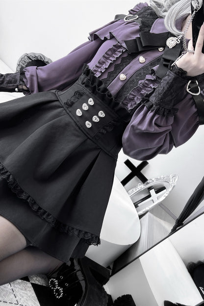 [Pre-order] Cold Shoulder Heart Buckle Long Sleeve Ruffle Lace Blouse with Bow Tie + Lace-Trim Pleated Mini Skirt Set