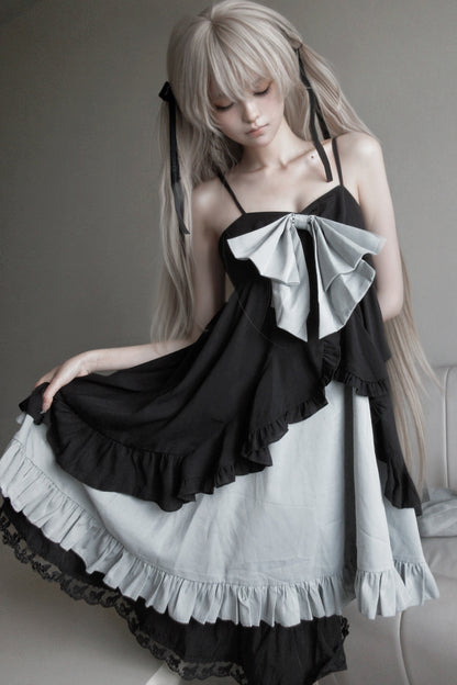 Double-Layer Open-Front Large Bow Suspender Dress