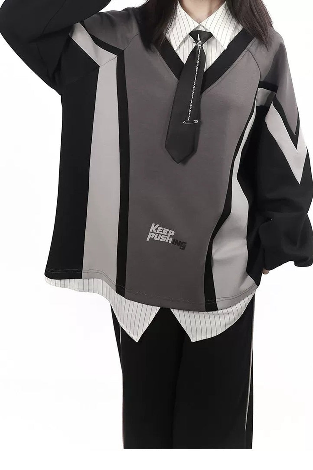 Black Gray Color Block Chain Tie Sweatshirt And Pants Set-Up